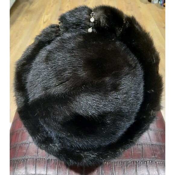 RARE Vintage 1960s Women Brown Mink Fur Pillbox Beret Jeweled Hat Luxury Winter main image 7